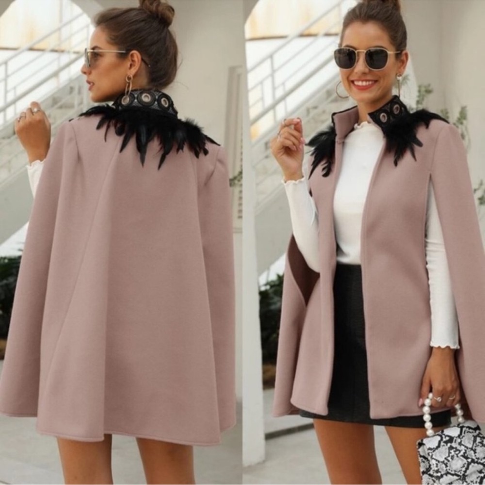 NWT Elegant Women's Pink Cape with Feather Detail - Large
